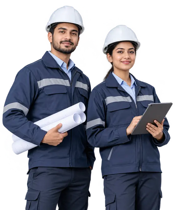 Illustration of two engineers in hard hats holding blueprints and a tablet